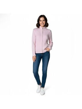 DAILY WOMEN Cotton Blend Pink Long Sleeve Cable Knit Full Zip Cardigan Sweater L
